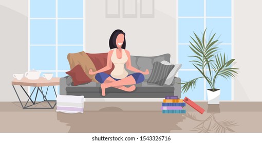 woman sitting lotus pose on couch beautiful girl doing yoga exercises relaxation concept modern living room interior sketch full length horizontal vector illustration