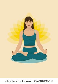 Woman sitting in lotus pose and practice Yoga.  Woman meditating. Illustration for relaxation, healthy lifestyle. Vector flat Illustration