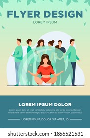 Woman sitting in lotus pose in transparent bulb. Group of people standing outside flat vector illustration. Isolation, social distance concept for banner, website design or landing web page