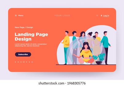 Woman sitting in lotus pose in transparent bulb. Group of people standing outside flat vector illustration. Isolation, social distance concept for banner, website design or landing web page