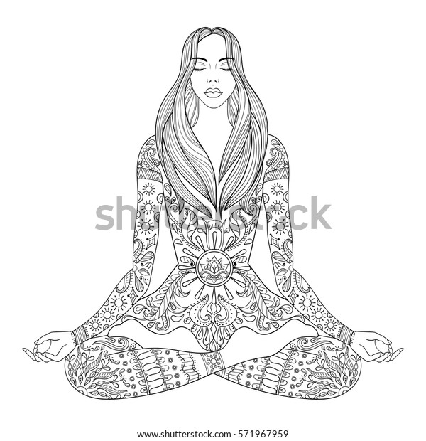 Woman Sitting Lotus Pose Vector Ornate Stock Vector Royalty