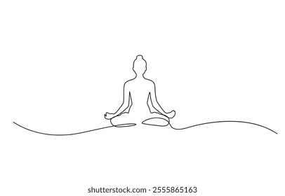 Woman sitting in lotus pose yoga. Continuous one line drawing, Women doing yoga one line drawing. Aerobic sport girl exercise for modern healthy lifestyle, women performing yoga line art.