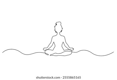 Woman sitting in lotus pose yoga. Continuous one line drawing, Women doing yoga one line drawing. Aerobic sport girl exercise for modern healthy lifestyle, women performing yoga line art.