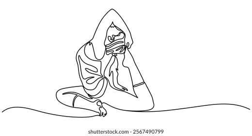 Woman sitting in lotus pose yoga. Continuous one line drawing, Young girl gymnast. Woman doing yoga exercise continuous line vector illustration, Hand drawn headstand yoga girl, one line art, stylized