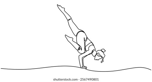 Woman sitting in lotus pose yoga. Continuous one line drawing, Young girl gymnast. Woman doing yoga exercise continuous line vector illustration, Hand drawn headstand yoga girl, one line art, stylized