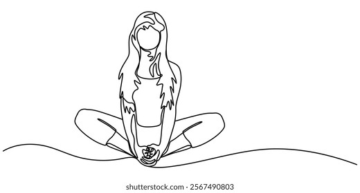 Woman sitting in lotus pose yoga. Continuous one line drawing, Young girl gymnast. Woman doing yoga exercise continuous line vector illustration, Hand drawn headstand yoga girl, one line art, stylized