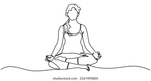 Woman sitting in lotus pose yoga. Continuous one line drawing, Young girl gymnast. Woman doing yoga exercise continuous line vector illustration, Hand drawn headstand yoga girl, one line art, stylized