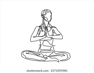 Woman sitting in lotus pose yoga. Continuous one line drawing. Vector illustration