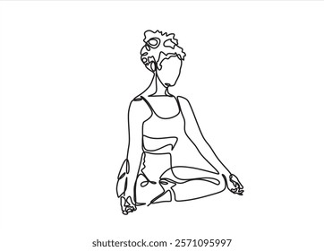 Woman sitting in lotus pose yoga. Continuous one line drawing. Vector illustration