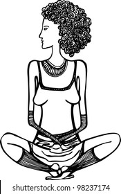 Woman sitting in lotus position. Black and white illustration