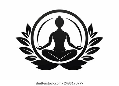 A woman is sitting in a lotus position in a circle surrounded by leaves