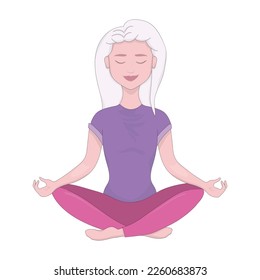 Woman sitting in lotus position. Closed eyes, purple shirt, pink leggings, white hair, yoga, fitness, pilates, meditation, mindfulness, breathing exercises, spiritual practices. Vector illustration