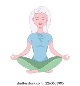 Woman sitting in lotus position. Closed eyes, blue shirt, green leggings, white hair, yoga, fitness, pilates, meditation, mindfulness, breathing exercises, spiritual practices. Vector illustration