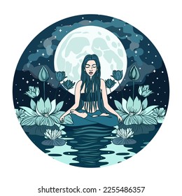 Woman sitting in lotus position. Concept illustration for yoga, meditation, relax, recreation.