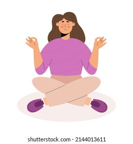 Woman sitting in lotus position. Conceptual illustration for yoga, meditation, relaxation, rest, healthy lifestyle. Vector illustration in flat cartoon style