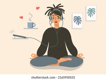 A woman is sitting in a lotus position, doing yoga and listening to audio on her phone. Cute girl in headphones meditates with a cup of coffee at home. Vector flat illustration. Template for yoga day.