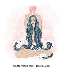 Woman sitting in lotus position with a flower in her hands on a watercolor background. Concept illustration for yoga, meditation, relax, recreation. Vector illustration