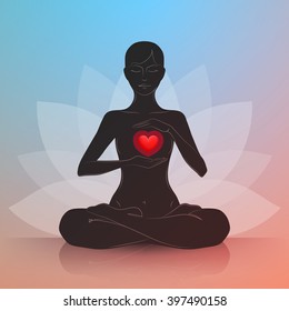 Woman is sitting in lotus position and gently protecting her heart. Dark silhouette. Symbol of lotus flower at background. Harmony and tranquility in heart and thoughts