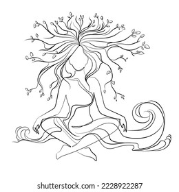 Woman sitting in lotus position and growing branches in her hair   sea waves vector drawing Woman Mother nature concept Metaphor awareness inner peace   harmony Unity and nature mental health