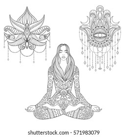 Woman sitting in lotus position, hamsa hand, flower tattoo design.  Vector ornate girl silhouette for adult coloring pages, meditation, yoga, gipsy soul, zentangle ethnic boho set