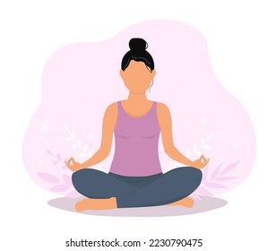 A woman is sitting in the lotus position with her legs crossed in the lotus position, doing yoga asanas. Vector graphics.