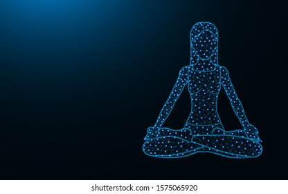 Woman sitting in lotus position low poly icon, Yoga wireframe mesh polygonal vector illustration made from points and lines on dark blue background