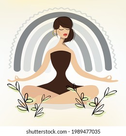 The woman is sitting in the lotus position and meditating. She opened her hands to the rainbow. The girl creates a good mood, calmness and confidence around herself. Vitality recovery concept. Vector