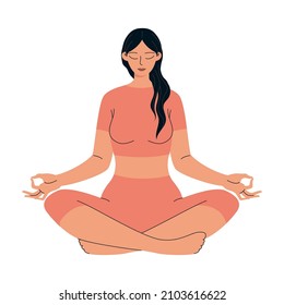 The woman is sitting in the lotus position and meditating. A woman wearing a tight yoga suit. Vector illustration of self-therapy, relaxation isolated on white background.