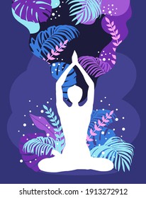 Woman sitting in lotus position. Meditation, yoga and mindfulness. vector illustration