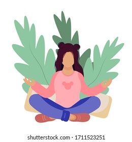 Woman are sitting in the lotus position in nature and leaves. Illustration for yoga, meditation, relax, recreation, healthy lifestyle. Flat concept vector illustration in flat cartoon style