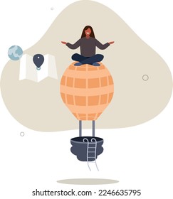 woman sitting in lotus position on hot air balloon .tourism concept.flat vector illustration.