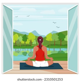 A woman is sitting in a lotus position on a terrace overlooking a beautiful landscape with a lake. Vector illustration.