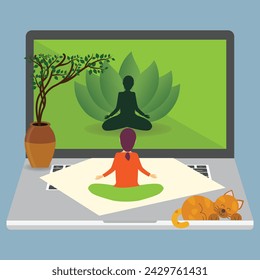 Woman sitting in lotus position on a mat on a big laptop and looking at the screen, online yoga concept