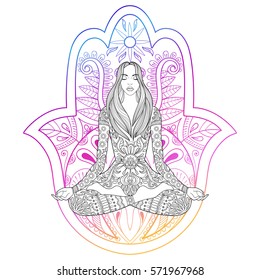 Woman sitting in lotus position on color hamsa hand background.  Vector ornate girl silhouette for adult coloring pages, meditation, yoga, gypsy soul, hand drawn ethnic motif