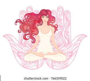 Woman sitting in lotus position over hamsa symbol on background. Vector illustration of a girl isolated. Ornate hand drawn sign. Popular Arabic and Jewish amulet. 