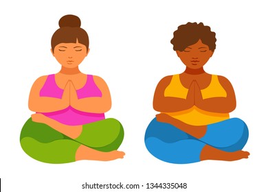 Woman sitting in Lotus position. People doing yoga, pilates. Relaxation activity sport, healthy, wellness lifestyle. Flexible legs. Vector cartoon flat style illustration isolated on white background.