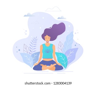 Woman sitting in lotus position practicing meditation. Yoga girl vector trendy illustration.