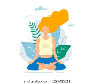 Woman sitting in lotus position practicing meditation. Yoga girl vector trendy illustration.