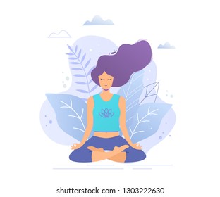 Mujer sentada en posición de loto practicando meditación. Ilustración de moda vectorial de yoga.