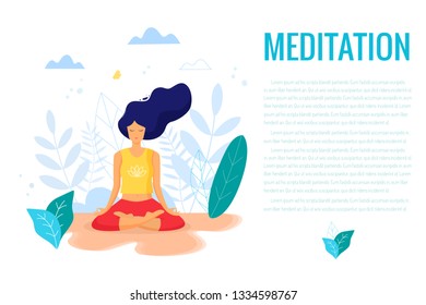 Woman sitting in lotus position practicing meditation. Yoga girl vector trendy illustration.