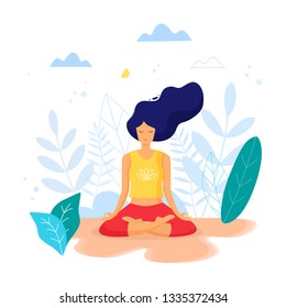 Woman sitting in lotus position practicing meditation. Yoga girl vector trendy illustration.