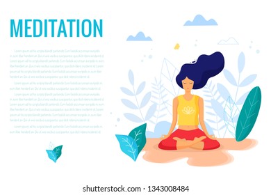 Woman sitting in lotus position practicing meditation. Yoga girl vector trendy illustration.
