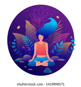 Woman sitting in lotus position practicing meditation. Yoga girl vector trendy illustration.