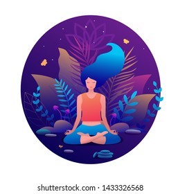 Woman sitting in lotus position practicing meditation. Yoga girl vector trendy illustration.