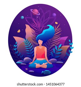 Woman sitting in lotus position practicing meditation. Yoga girl vector illustration.