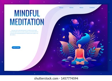 Woman sitting in lotus position practicing meditation. Yoga girl vector illustration. Landing page template.