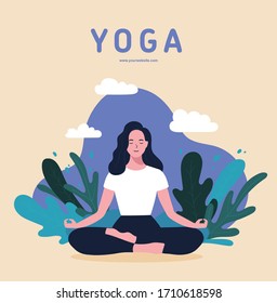 Woman sitting in lotus position practicing meditation. 21 June, Happy international yoga day. Spiritual therapy, Banner, Poster. Trendy Hand drawn style. Isolated flat vector design illustration.