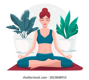 Woman sitting in lotus position practicing meditation. Yoga girl vector  illustration.