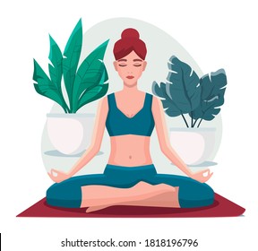 Woman sitting in lotus position practicing meditation. Yoga girl vector  illustration.