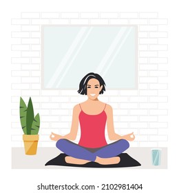Woman sitting in lotus position practicing meditation. Practical yoga class. Design in a flat style. The young brunette beauty is happy and feeling great. Vector.